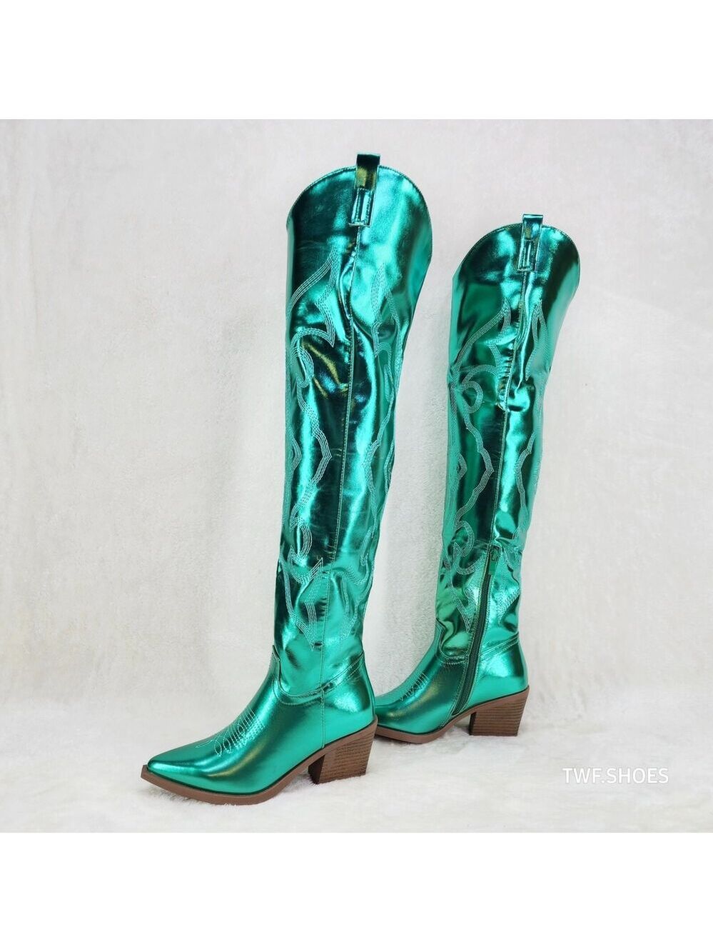 NIB Country Disco Cowboy Metallic Green Western Cowgirl OTK Thigh Boots - Picture 7 of 16
